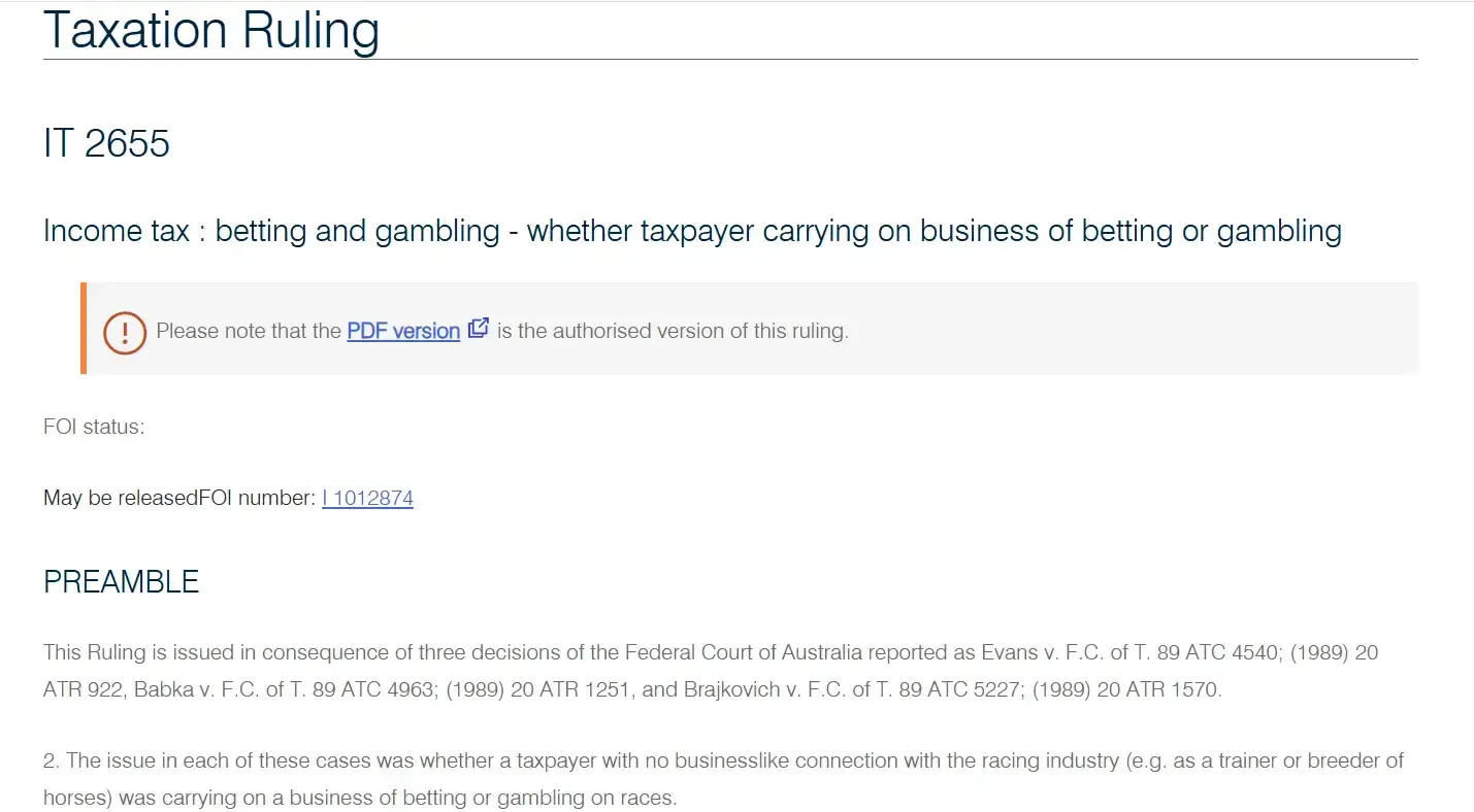 Australian Taxation Office guidance relevant to gambling winnings and betting businesses