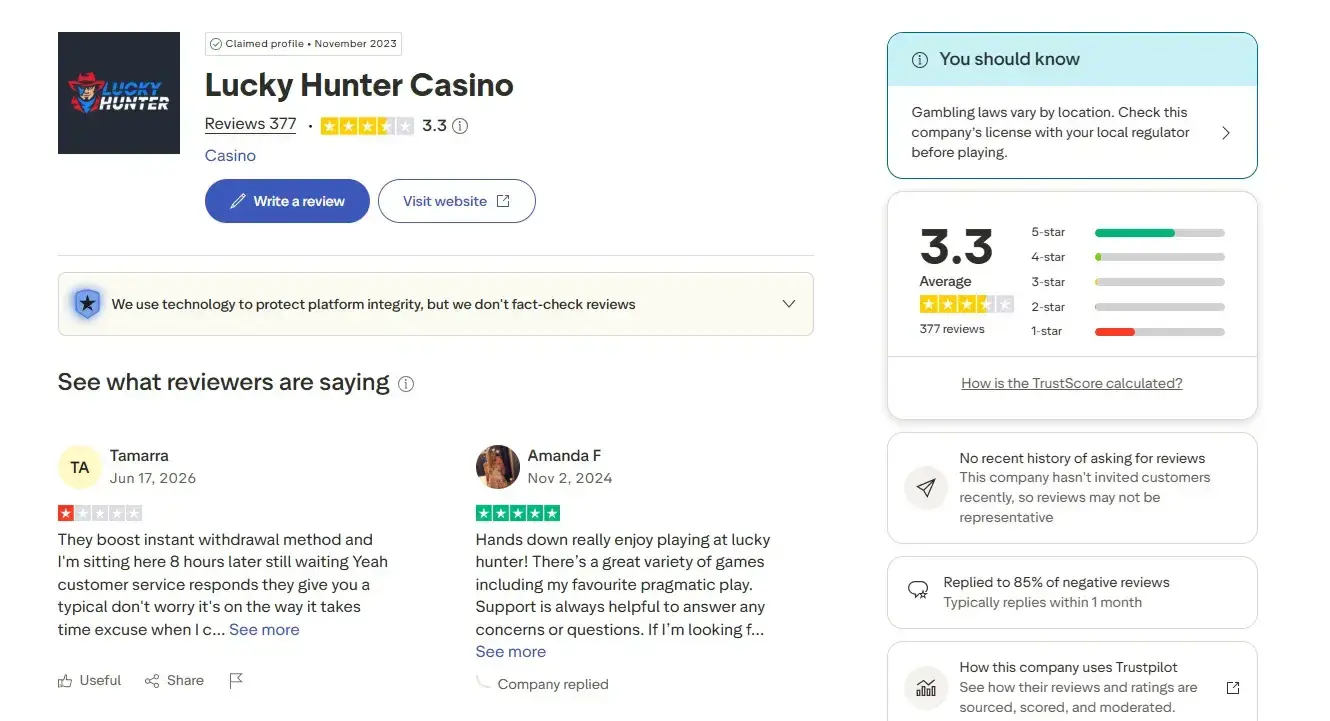 Current Trustpilot profile for Lucky Hunter Casino