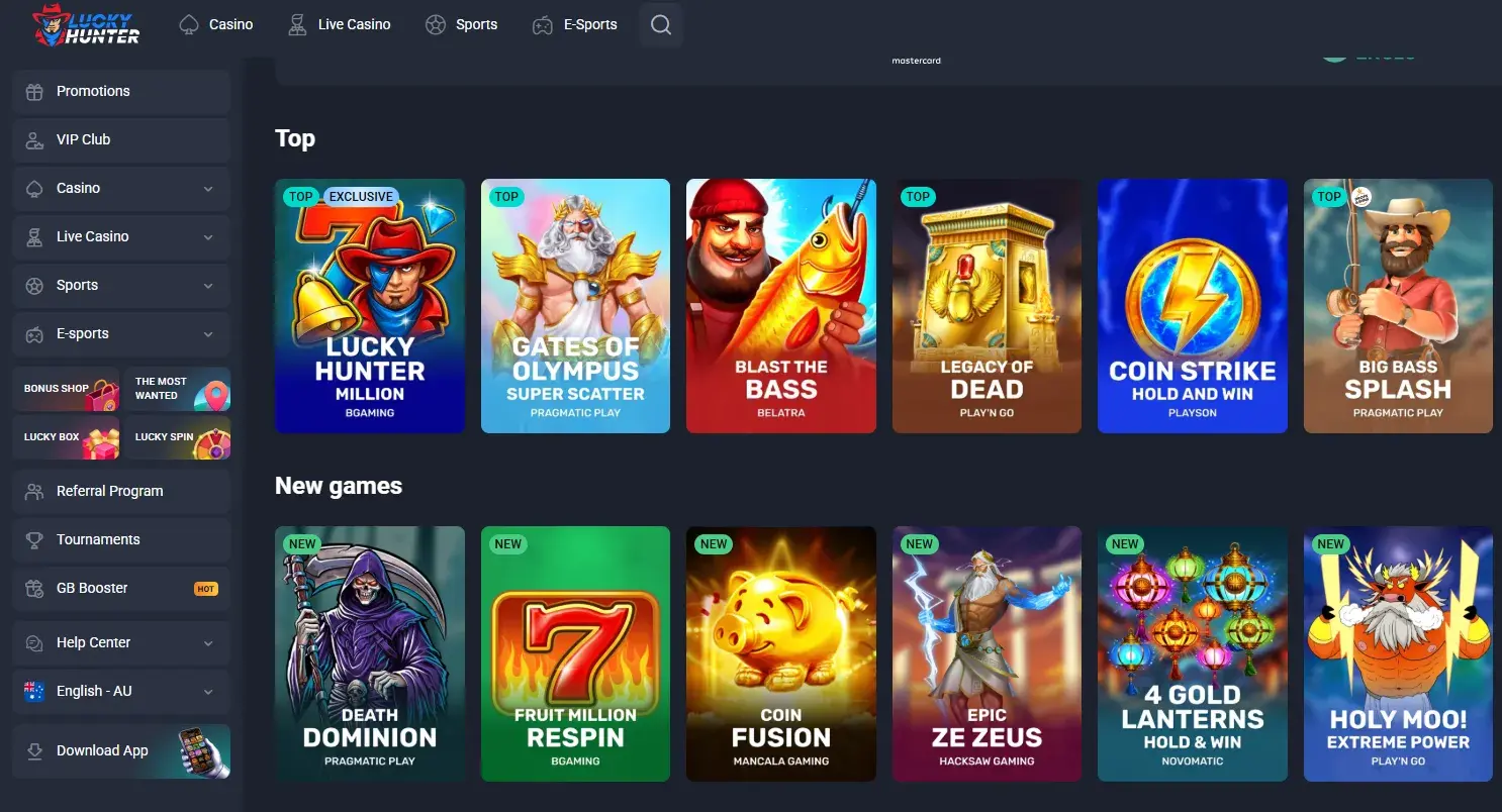 Current Lucky Hunter AU-facing casino interface