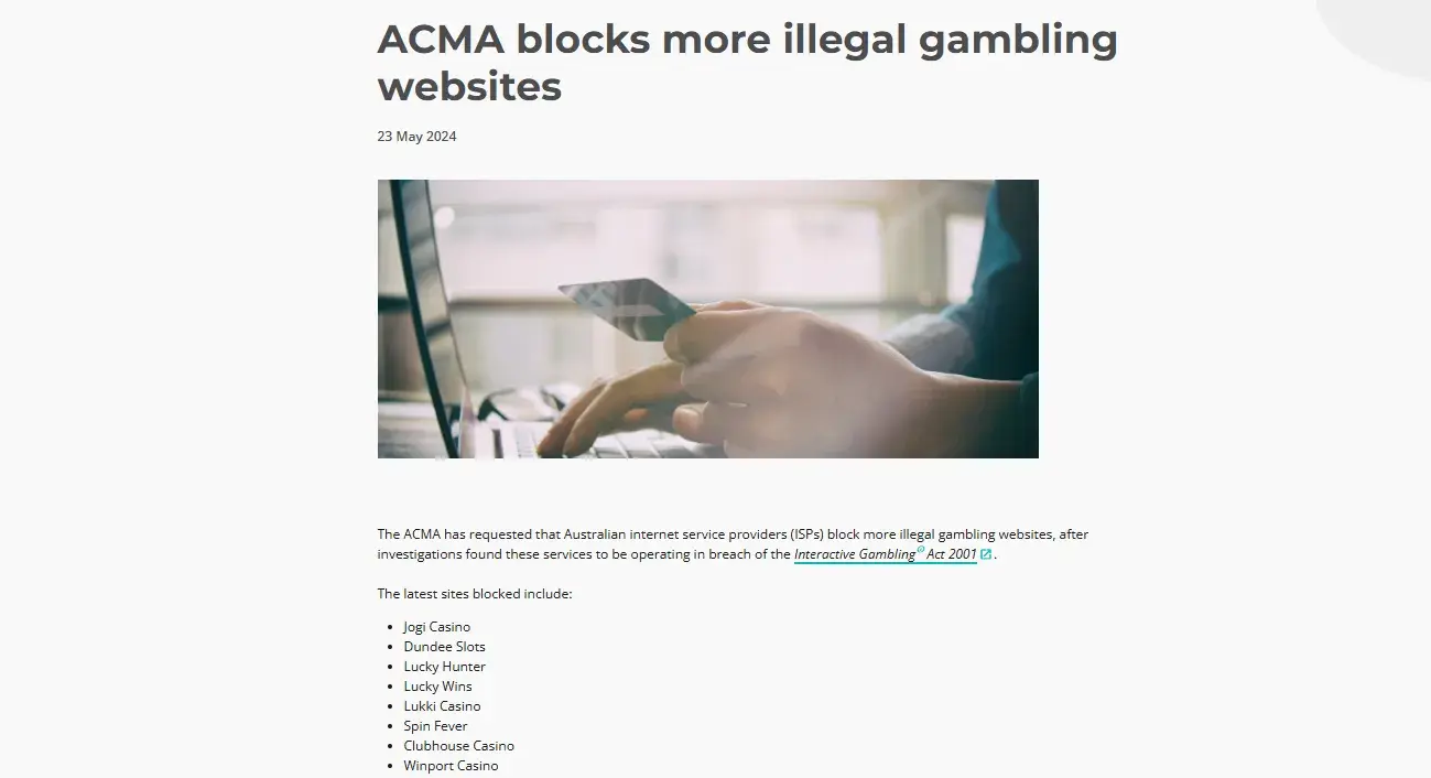 ACMA page naming Lucky Hunter in a May 2024 website-blocking action