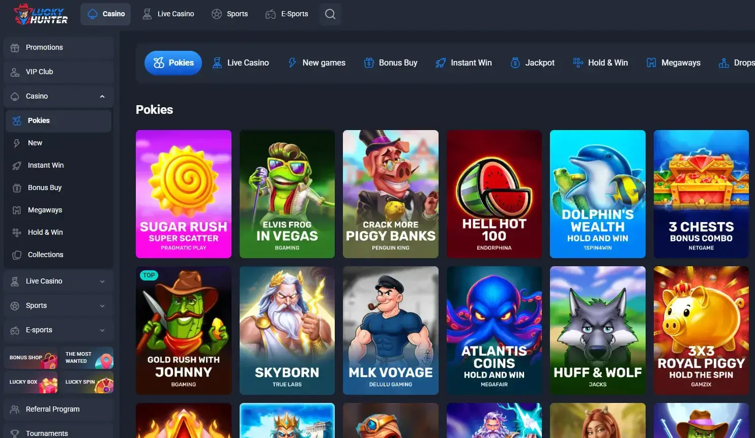 Lucky Hunter AU-facing casino lobby with pokies and game categories