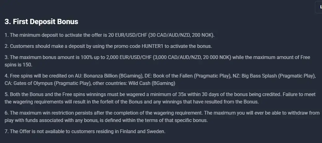 Lucky Hunter Australian bonus terms showing the first-deposit offer