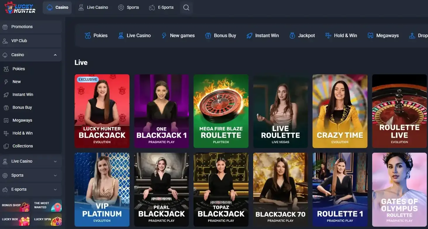 Lucky Hunter interface relevant to Lucky Hunter Live Casino